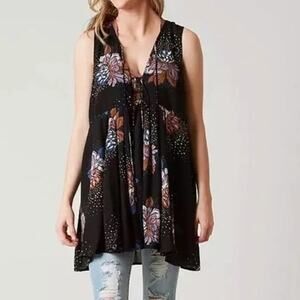 Free People Lovely Day Tank Womens Small Black Floral Bohemian Swingy Top Dress